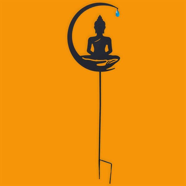 Zwarte metalen tuinsteker Buddha met kleurige blauwe hanger