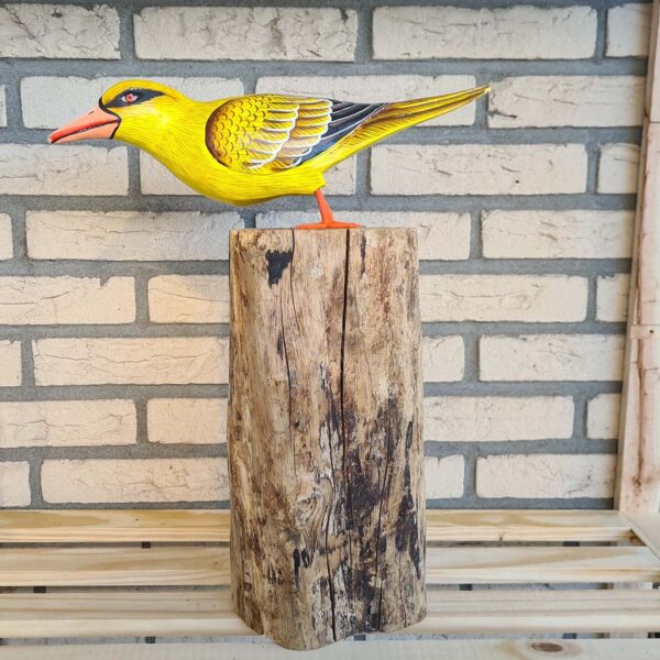 Deze houten gele Cilalon vogel op moerashout (ca. 40-45 cm hoog) is met de hand gesneden en geschilderd in Indonesië. Elk exemplaar is uniek!