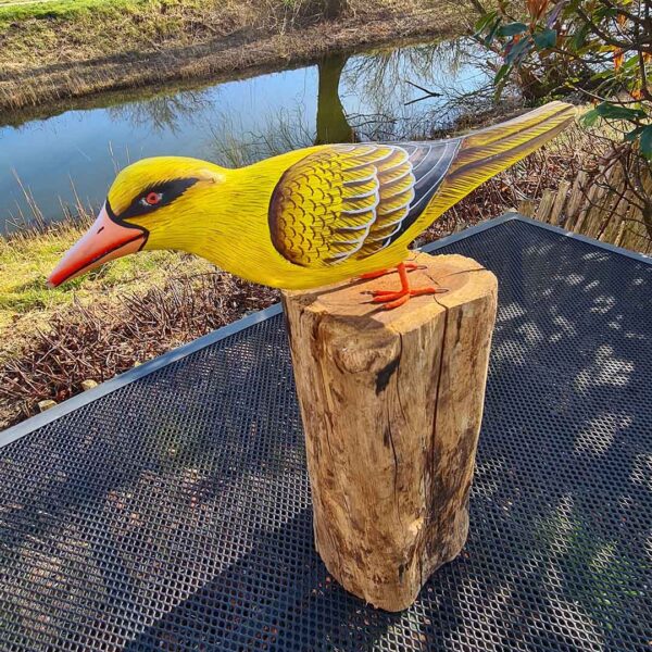 Deze houten gele Cilalon vogel op moerashout (ca. 40-45 cm hoog) is met de hand gesneden en geschilderd in Indonesië. Elk exemplaar is uniek!