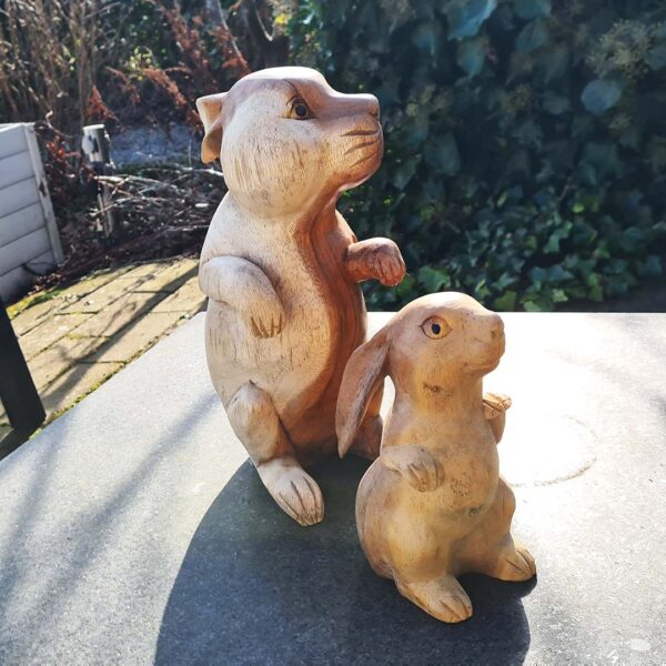 Deze houten set konijnen, handgesneden uit duurzaam suarhout, is een prachtige decoratie voor binnen en buiten. Elk exemplaar is uniek! De set bestaat uit een groot konijn (ca. 33 cm) en een klein konijn (ca. 20 cm).